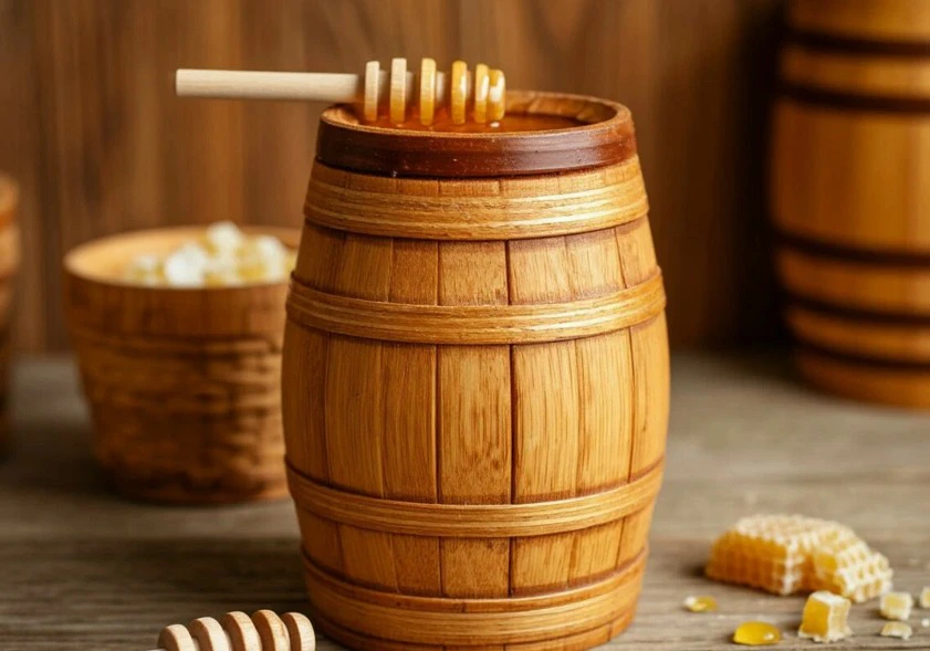 Деревянный бочонок для хранения мёда / Источник: shedevrum.ai
